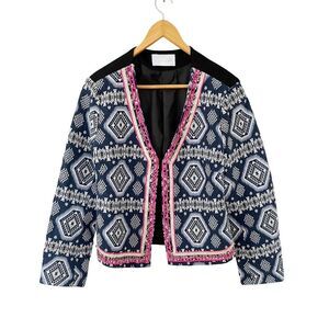 Oober Swank Navy Pink Patterned Open-Front Blazer Jacket